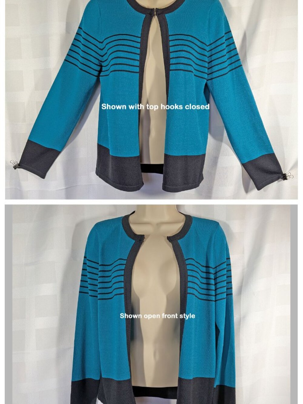 VTG Petite Sophisticate Teal waist length cardigan, Black stripes, Made HongKong